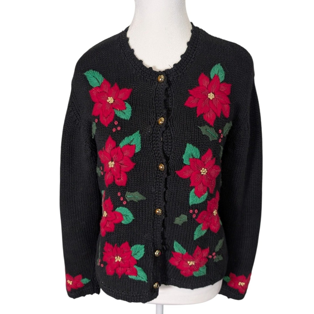 VTG Bechamel Vintage Christmas Poinsettia Floral Cardigan Sweater Black Medium